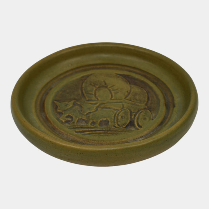 North Dakota School of Mines UND Vintage Art Pottery Green Ceramic Wagon Tray - Just Art Pottery