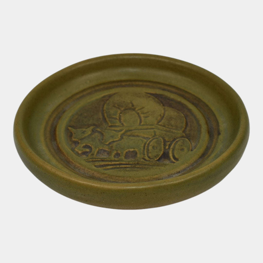 North Dakota School of Mines UND Vintage Art Pottery Green Ceramic Wagon Tray - Just Art Pottery