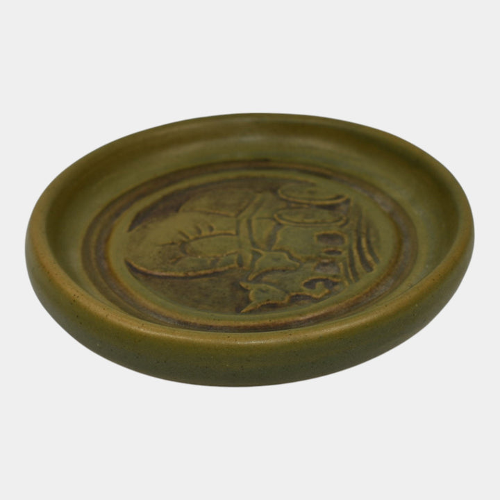 North Dakota School of Mines UND Vintage Art Pottery Green Ceramic Wagon Tray - Just Art Pottery