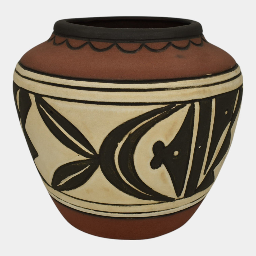 Weller Souevo 1910s Vintage Art Pottery Hand Carved Native American Design Vase - Just Art Pottery