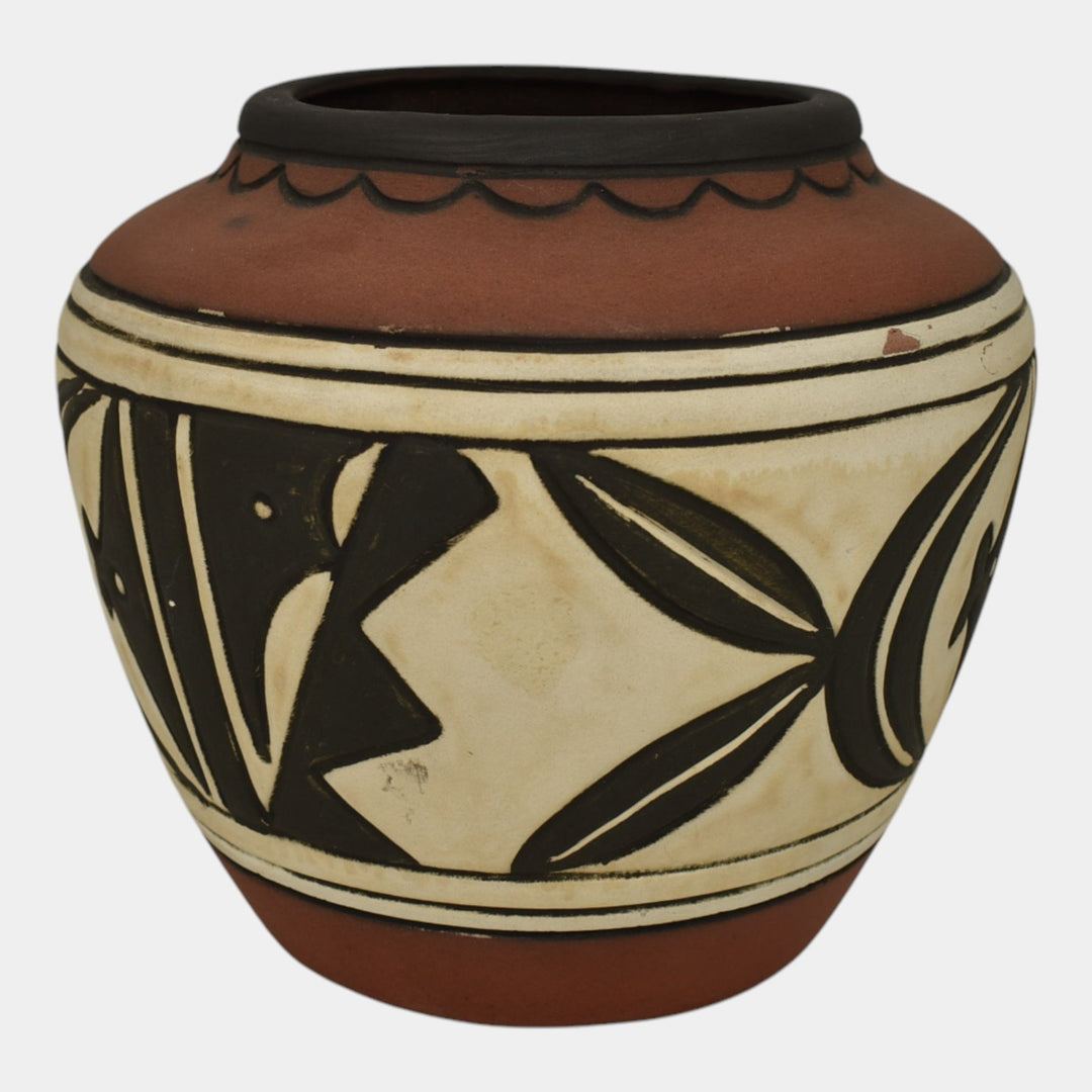 Weller Souevo 1910s Vintage Art Pottery Hand Carved Native American Design Vase - Just Art Pottery