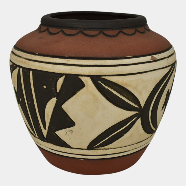 Weller Souevo 1910s Vintage Art Pottery Hand Carved Native American Design Vase - Just Art Pottery