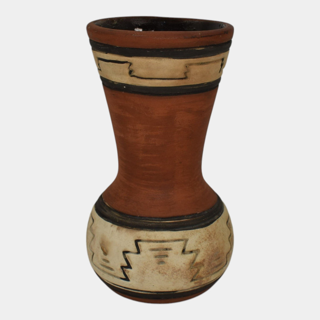 Weller Souevo 1910s Vintage Art Pottery Hand Carved Native American Design Vase - Just Art Pottery