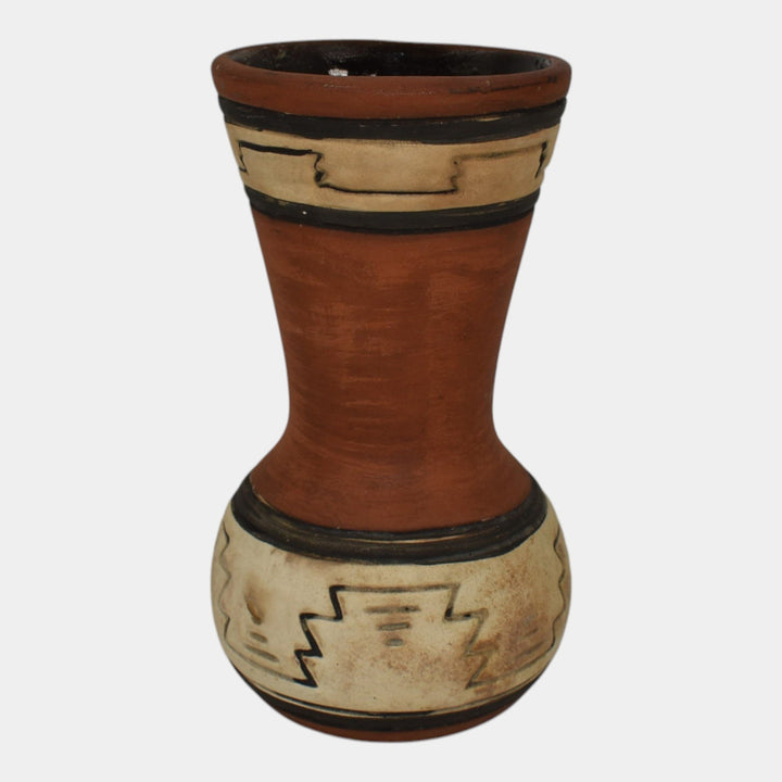 Weller Souevo 1910s Vintage Art Pottery Hand Carved Native American Design Vase - Just Art Pottery
