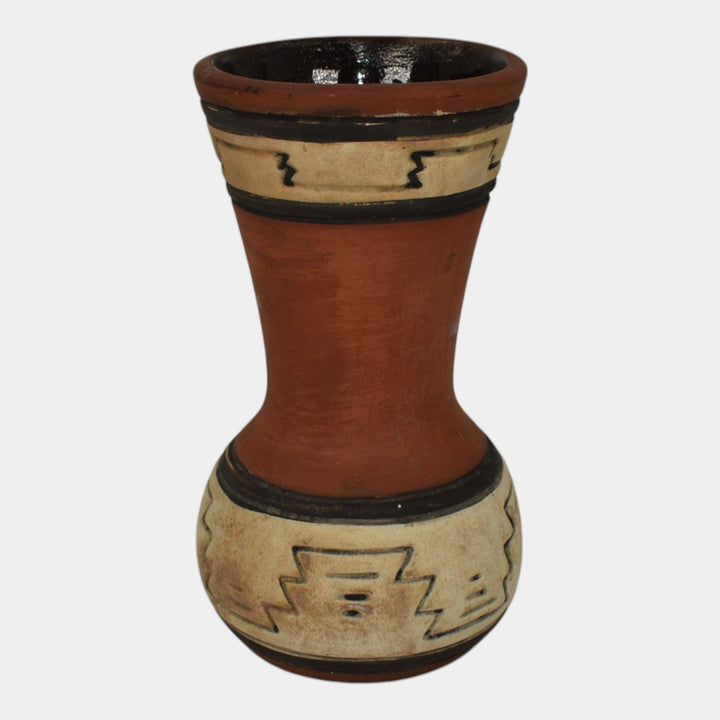 Weller Souevo 1910s Vintage Art Pottery Hand Carved Native American Design Vase - Just Art Pottery