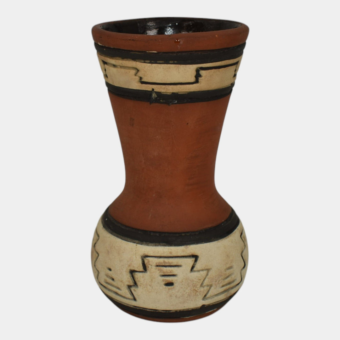 Weller Souevo 1910s Vintage Art Pottery Hand Carved Native American Design Vase - Just Art Pottery