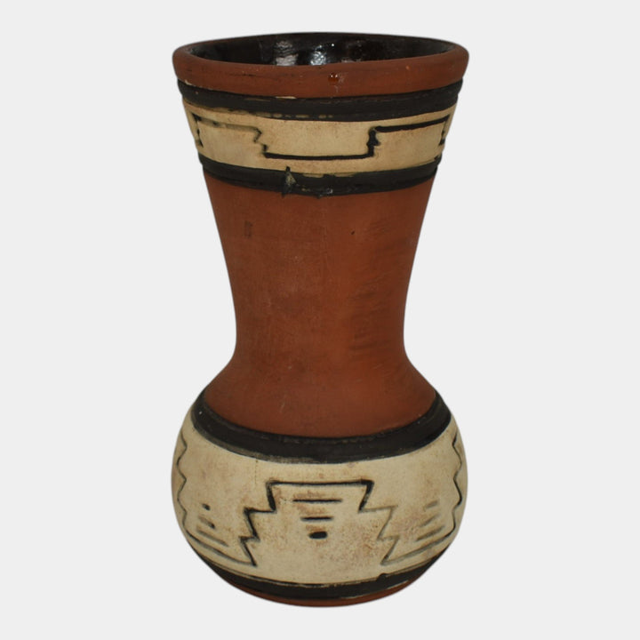 Weller Souevo 1910s Vintage Art Pottery Hand Carved Native American Design Vase - Just Art Pottery
