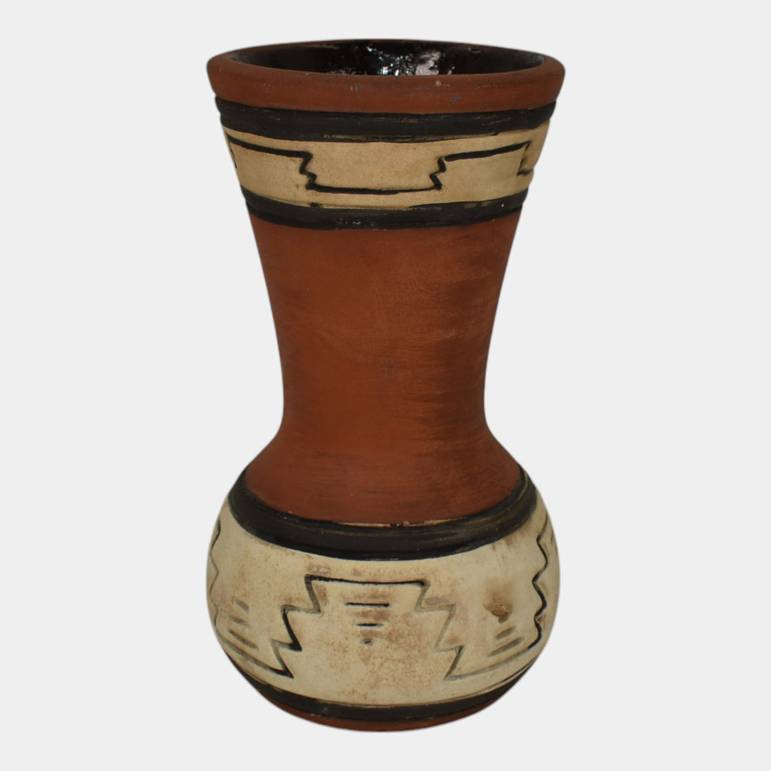 Weller Souevo 1910s Vintage Art Pottery Hand Carved Native American Design Vase - Just Art Pottery