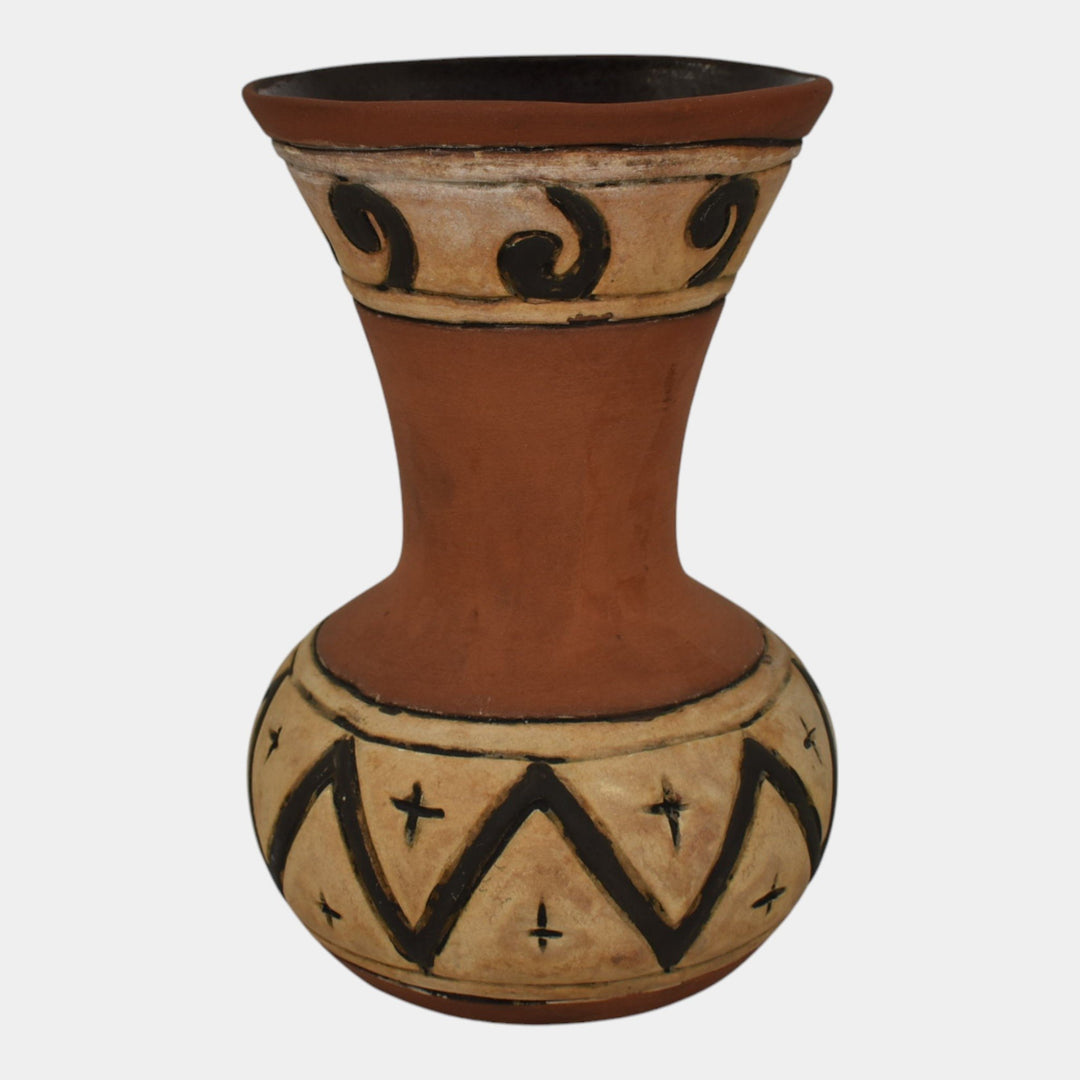 Weller Souevo 1910s Vintage Art Pottery Hand Carved Native American Design Vase - Just Art Pottery
