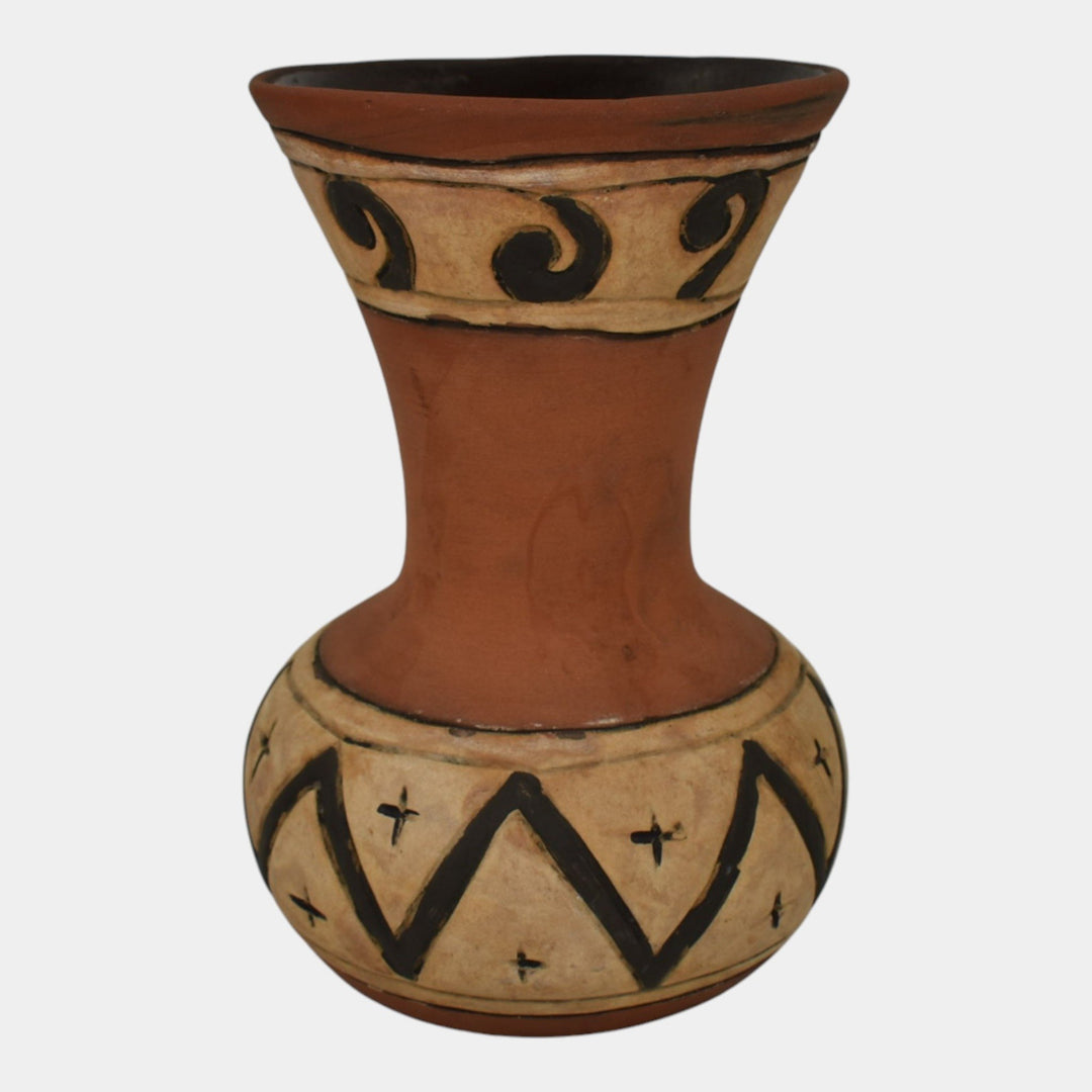 Weller Souevo 1910s Vintage Art Pottery Hand Carved Native American Design Vase - Just Art Pottery
