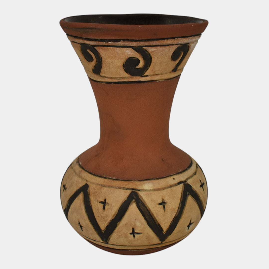 Weller Souevo 1910s Vintage Art Pottery Hand Carved Native American Design Vase - Just Art Pottery