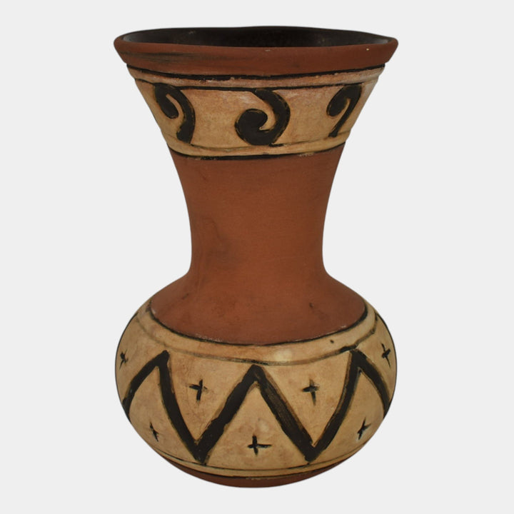 Weller Souevo 1910s Vintage Art Pottery Hand Carved Native American Design Vase - Just Art Pottery