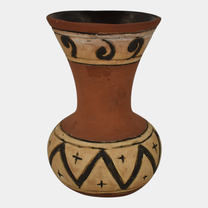 Weller Souevo 1910s Vintage Art Pottery Hand Carved Native American Design Vase - Just Art Pottery