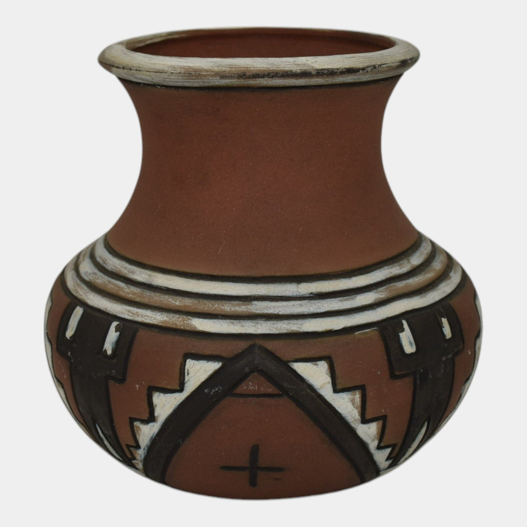 Weller Souevo 1910s Vintage Pottery Hand Carved Figural Native American Vase - Just Art Pottery
