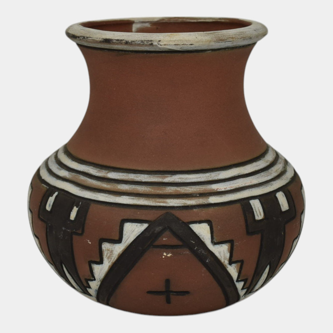 Weller Souevo 1910s Vintage Pottery Hand Carved Figural Native American Vase - Just Art Pottery