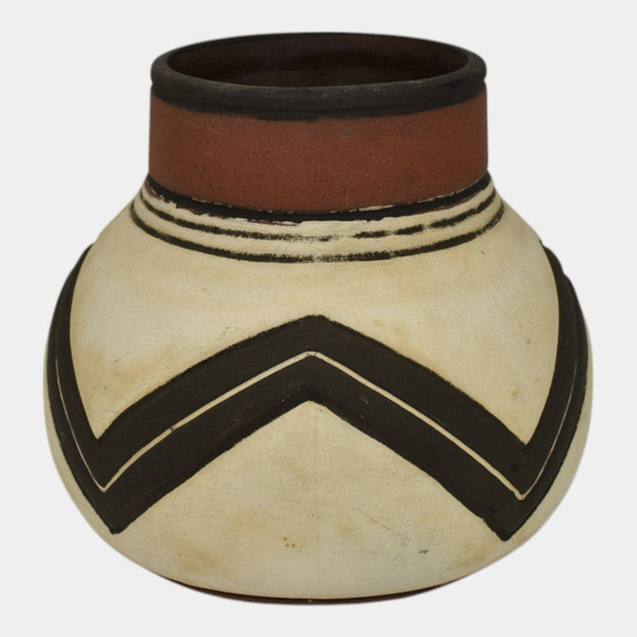 Weller Souevo 1910s Vintage Art Pottery Hand Carved Black Geometric Design Vase - Just Art Pottery