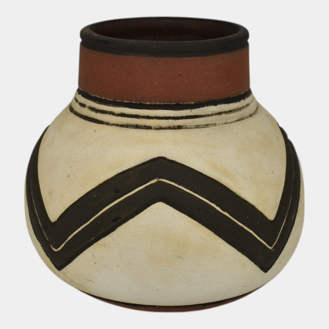 Weller Souevo 1910s Vintage Art Pottery Hand Carved Black Geometric Design Vase - Just Art Pottery