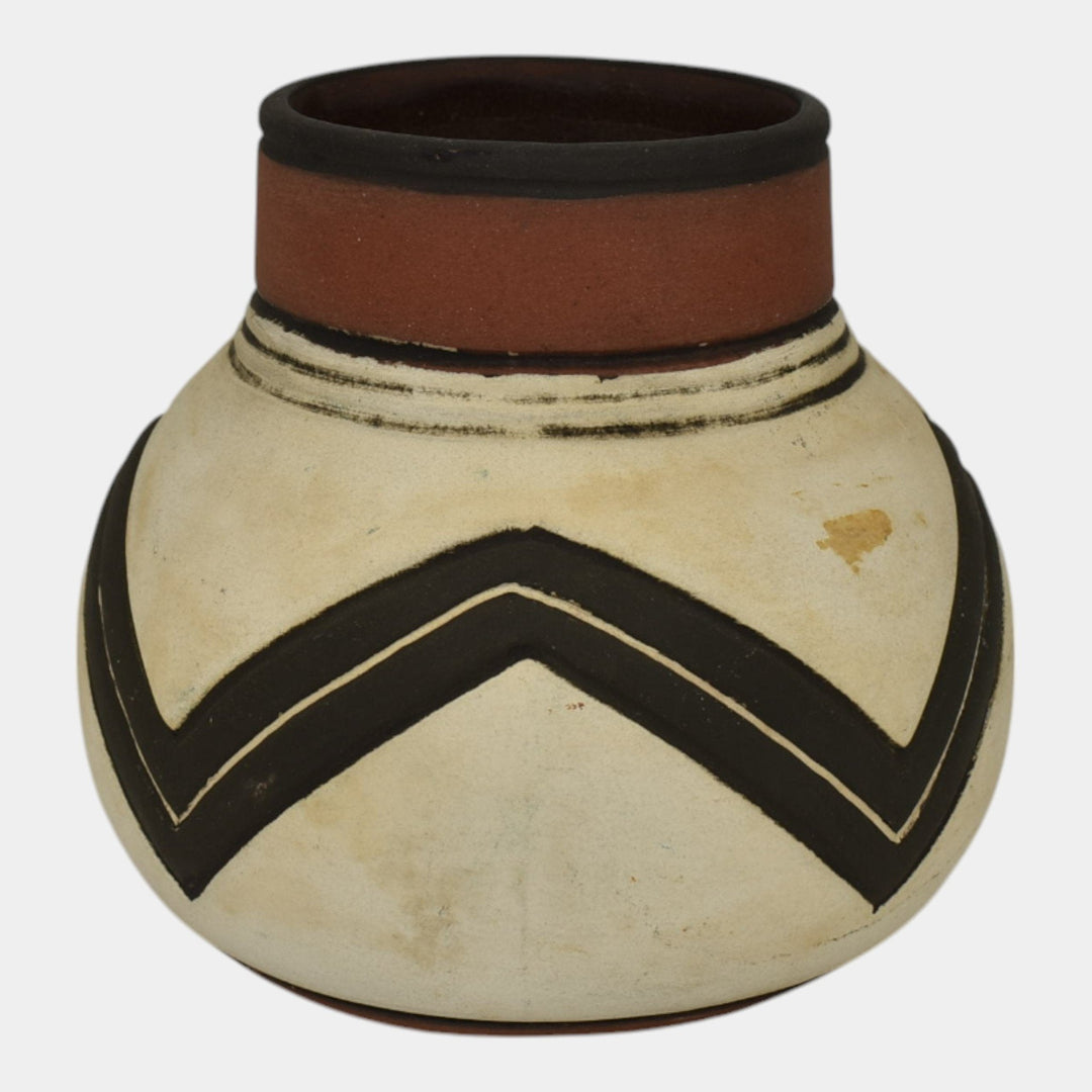 Weller Souevo 1910s Vintage Art Pottery Hand Carved Black Geometric Design Vase - Just Art Pottery