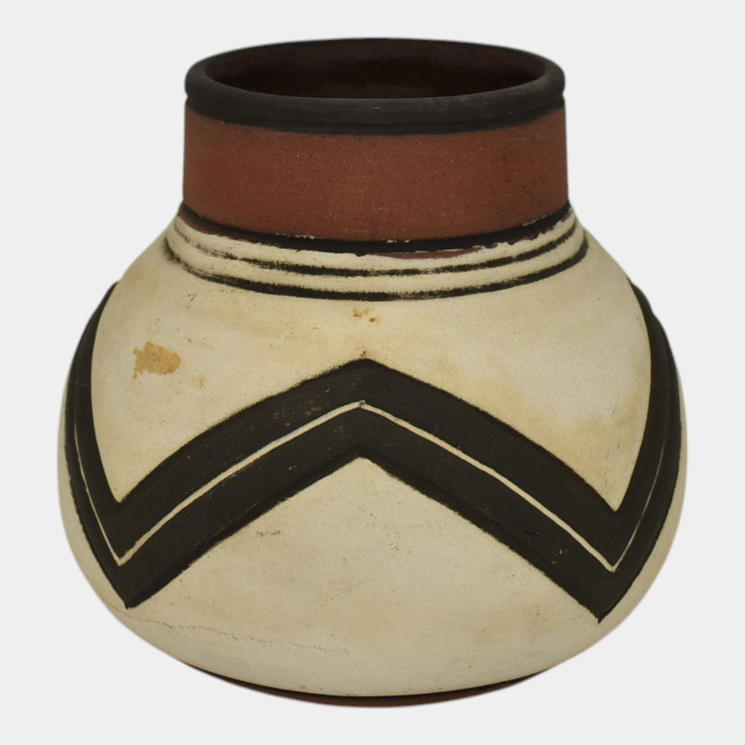 Weller Souevo 1910s Vintage Art Pottery Hand Carved Black Geometric Design Vase - Just Art Pottery