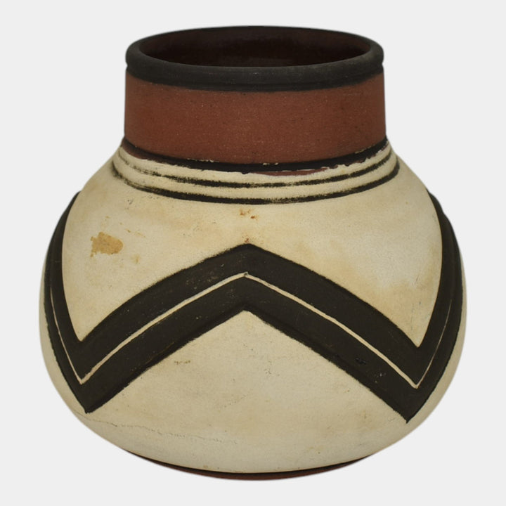 Weller Souevo 1910s Vintage Art Pottery Hand Carved Black Geometric Design Vase - Just Art Pottery