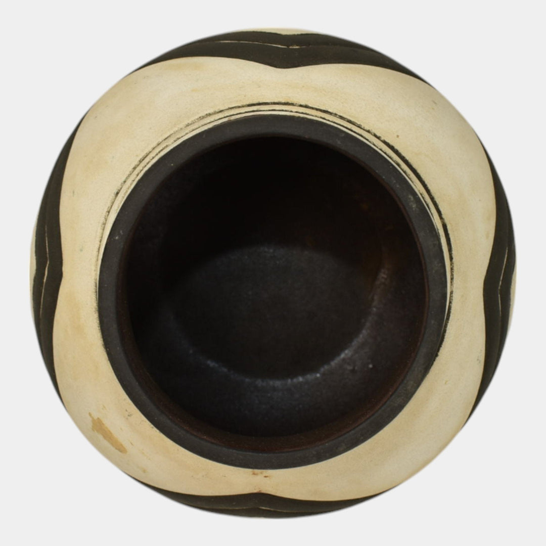 Weller Souevo 1910s Vintage Art Pottery Hand Carved Black Geometric Design Vase - Just Art Pottery