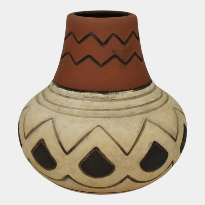 Weller Souevo 1910s Vintage Art Pottery Brown White Native American Design Vase - Just Art Pottery