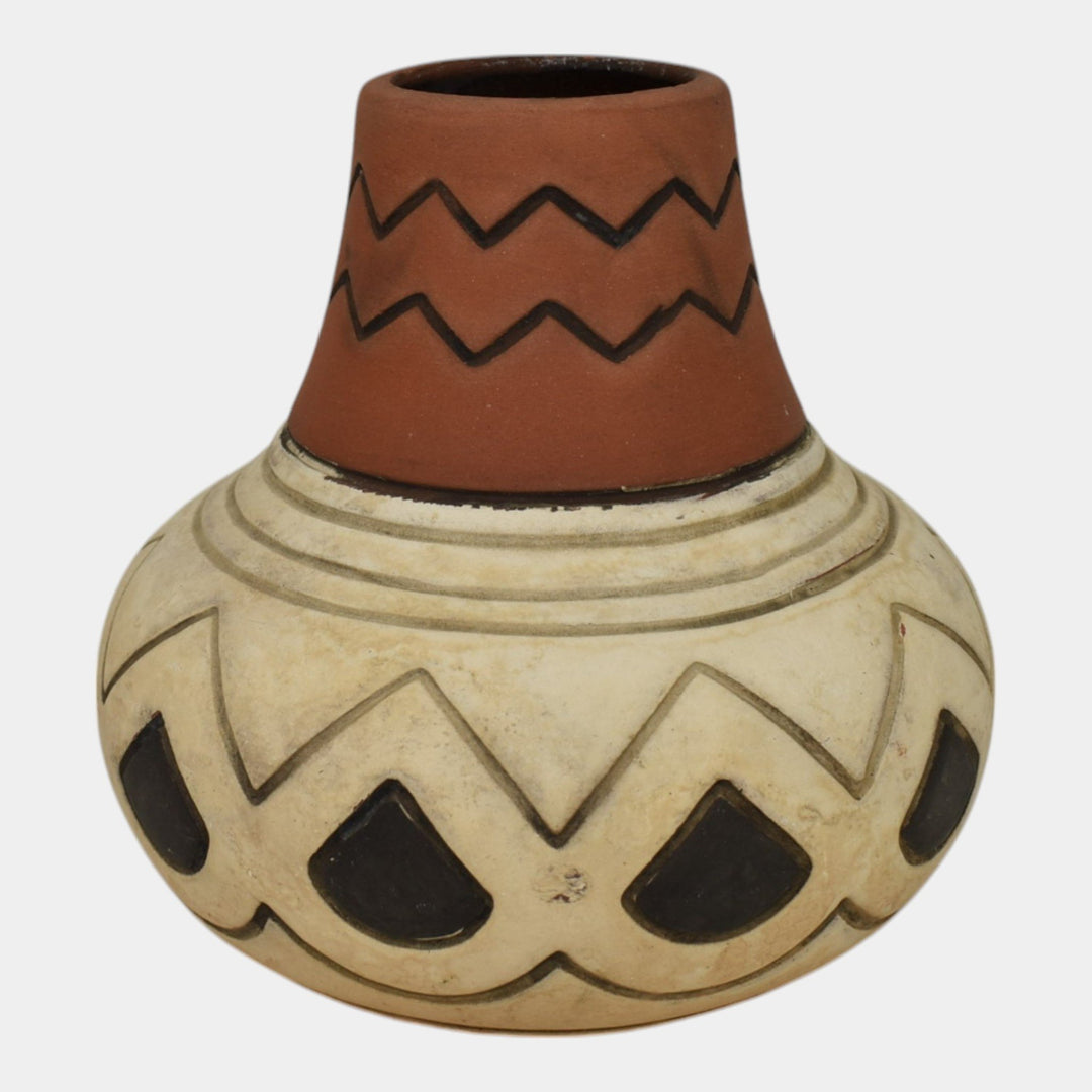 Weller Souevo 1910s Vintage Art Pottery Brown White Native American Design Vase - Just Art Pottery