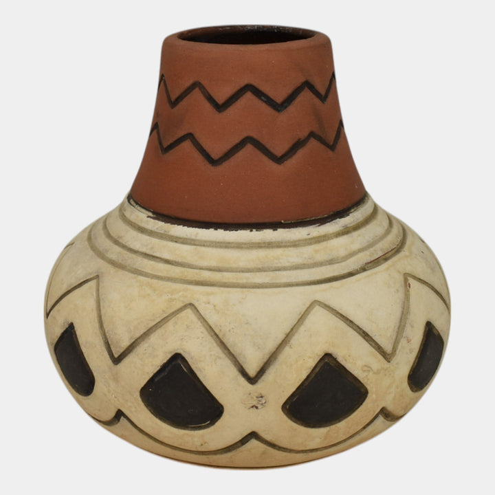 Weller Souevo 1910s Vintage Art Pottery Brown White Native American Design Vase - Just Art Pottery