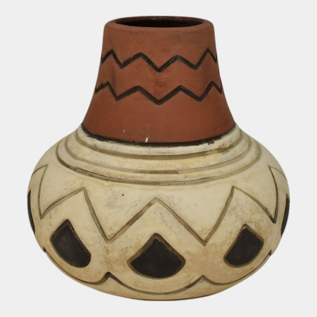 Weller Souevo 1910s Vintage Art Pottery Brown White Native American Design Vase - Just Art Pottery