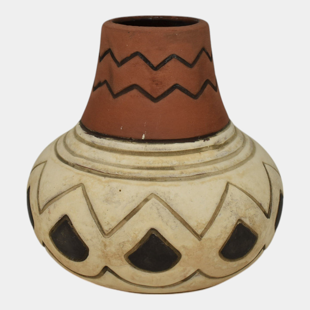 Weller Souevo 1910s Vintage Art Pottery Brown White Native American Design Vase - Just Art Pottery
