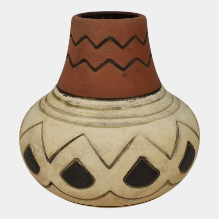 Weller Souevo 1910s Vintage Art Pottery Brown White Native American Design Vase - Just Art Pottery