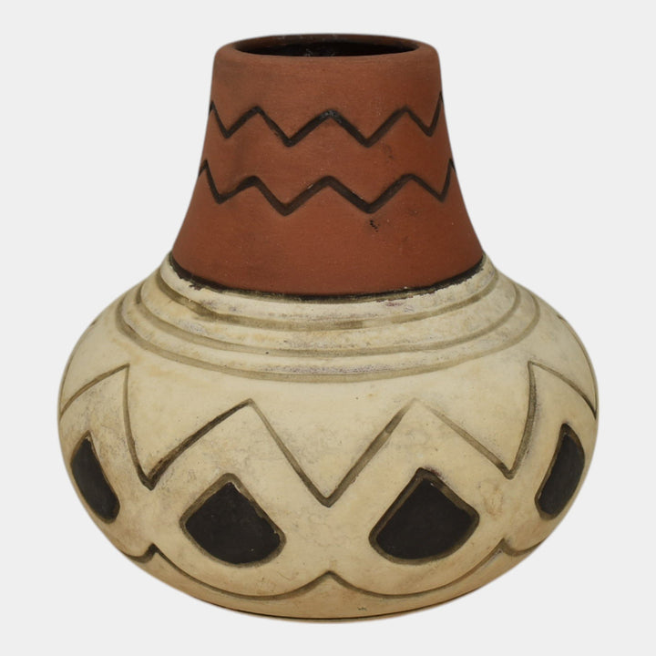Weller Souevo 1910s Vintage Art Pottery Brown White Native American Design Vase - Just Art Pottery