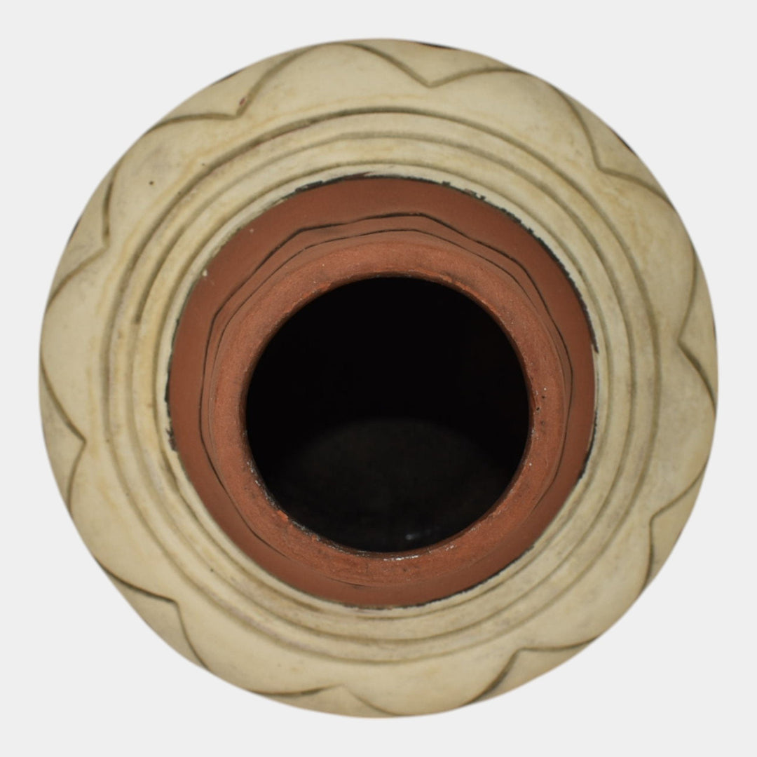 Weller Souevo 1910s Vintage Art Pottery Brown White Native American Design Vase - Just Art Pottery