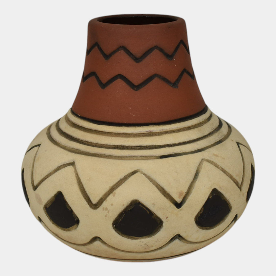 Weller Souevo 1910s Vintage Art Pottery Hand Carved White Geometric Design Vase - Just Art Pottery