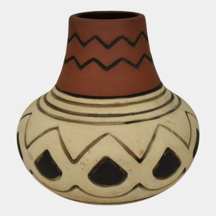 Weller Souevo 1910s Vintage Art Pottery Hand Carved White Geometric Design Vase - Just Art Pottery