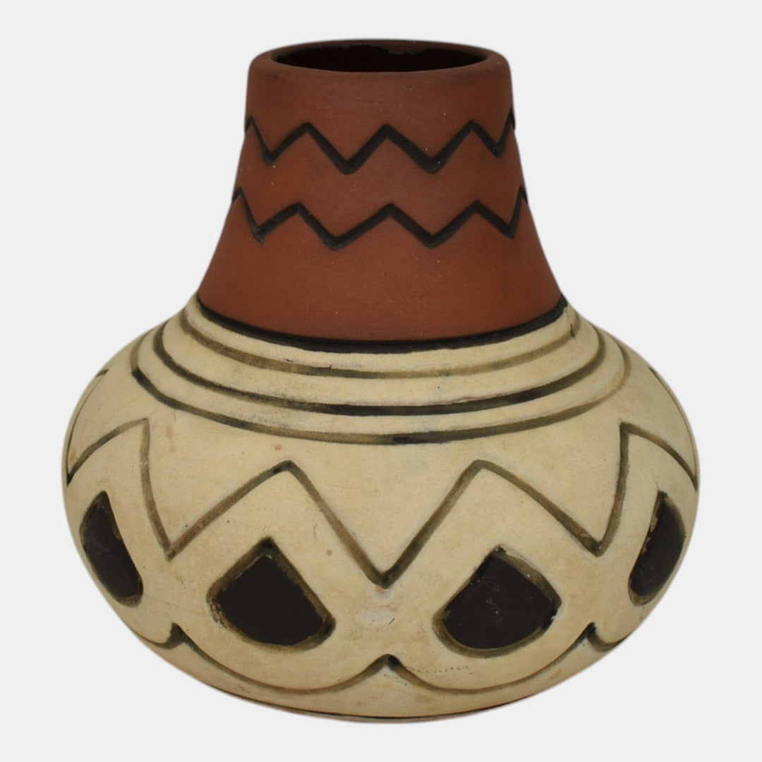 Weller Souevo 1910s Vintage Art Pottery Hand Carved White Geometric Design Vase - Just Art Pottery