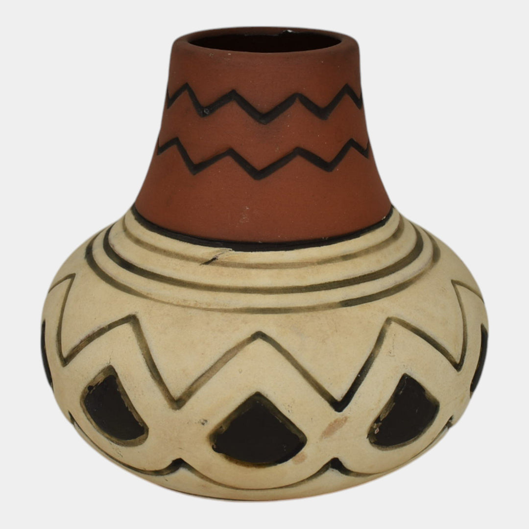 Weller Souevo 1910s Vintage Art Pottery Hand Carved White Geometric Design Vase - Just Art Pottery