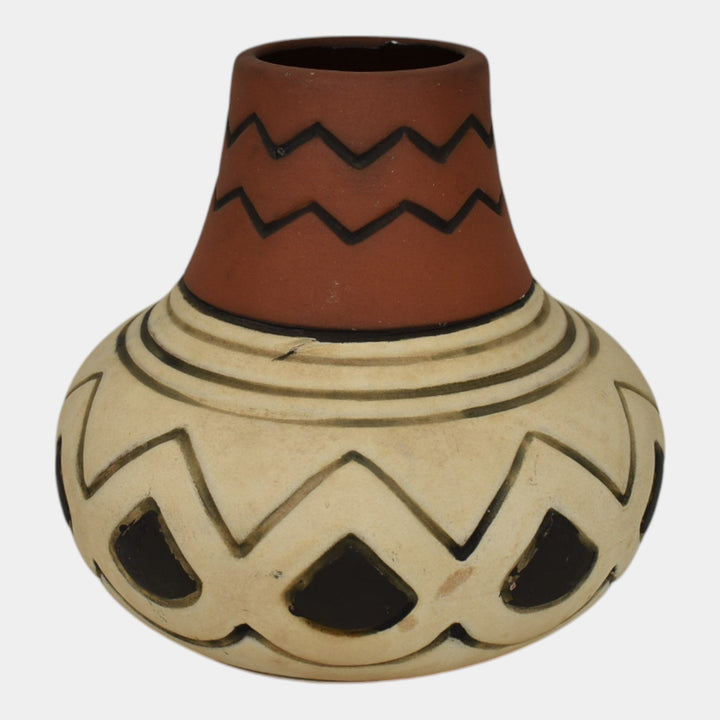 Weller Souevo 1910s Vintage Art Pottery Hand Carved White Geometric Design Vase - Just Art Pottery