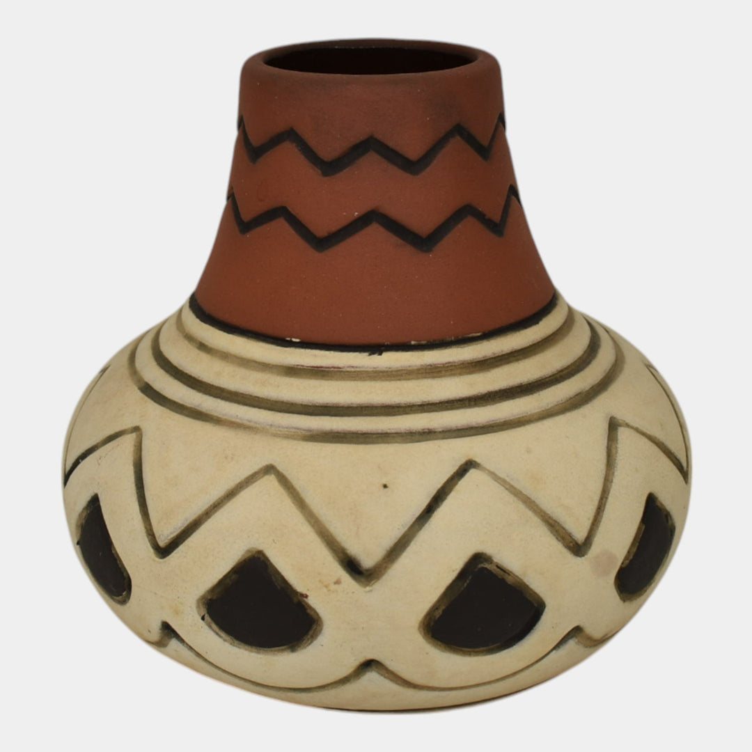 Weller Souevo 1910s Vintage Art Pottery Hand Carved White Geometric Design Vase - Just Art Pottery