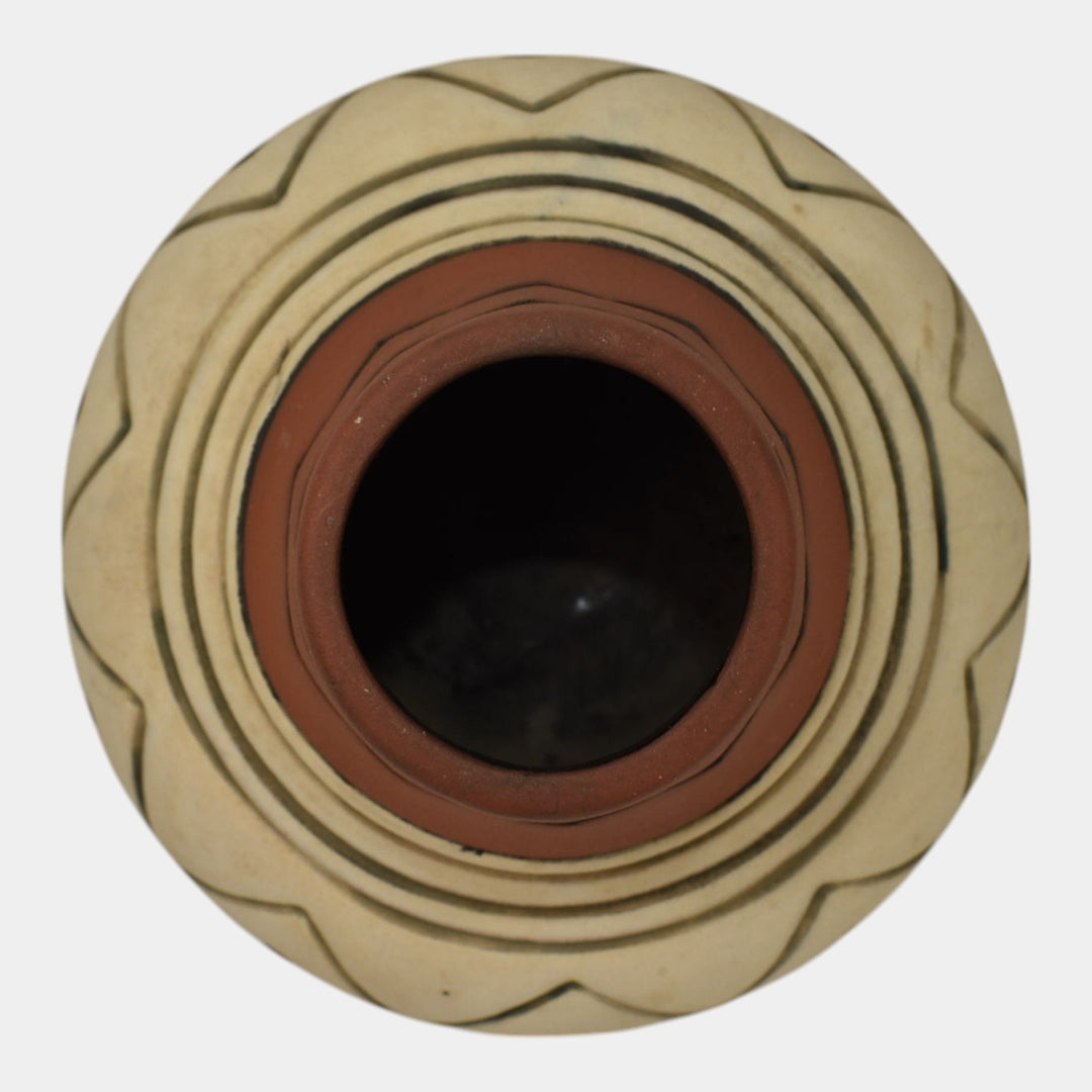 Weller Souevo 1910s Vintage Art Pottery Hand Carved White Geometric Design Vase - Just Art Pottery