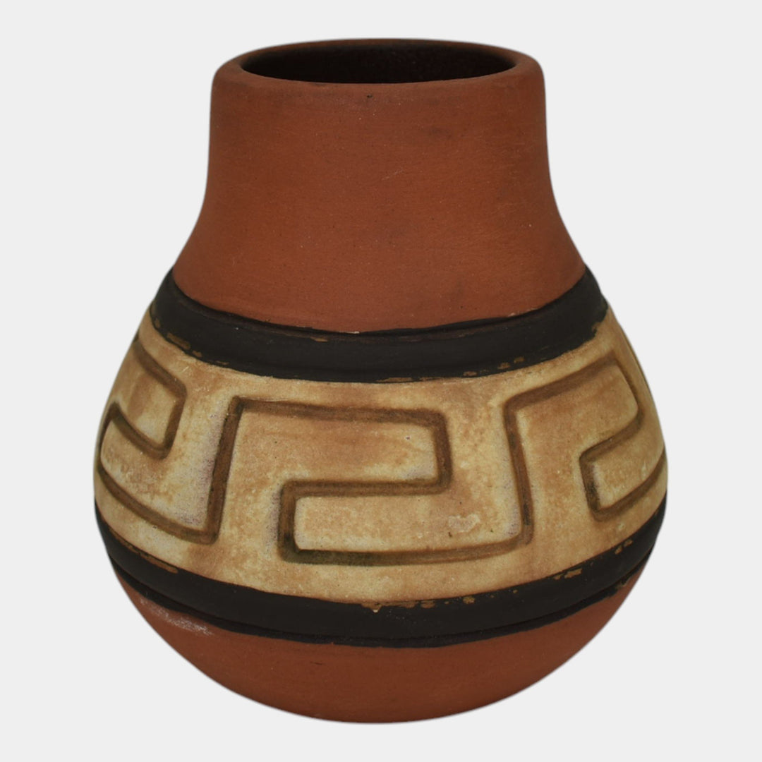 Weller Souevo 1910s Vintage Pottery Hand Carved Native American Design Vase 31 - Just Art Pottery
