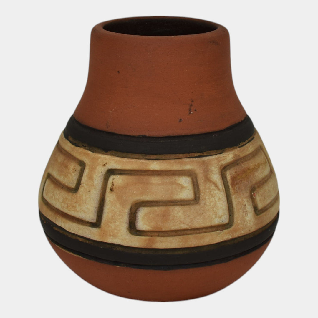 Weller Souevo 1910s Vintage Pottery Hand Carved Native American Design Vase 31 - Just Art Pottery
