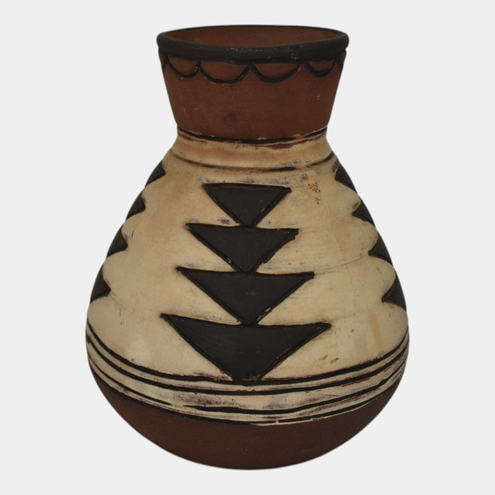 Weller Souevo 1910s Vintage Art Pottery Hand Carved Native American Design Vase - Just Art Pottery