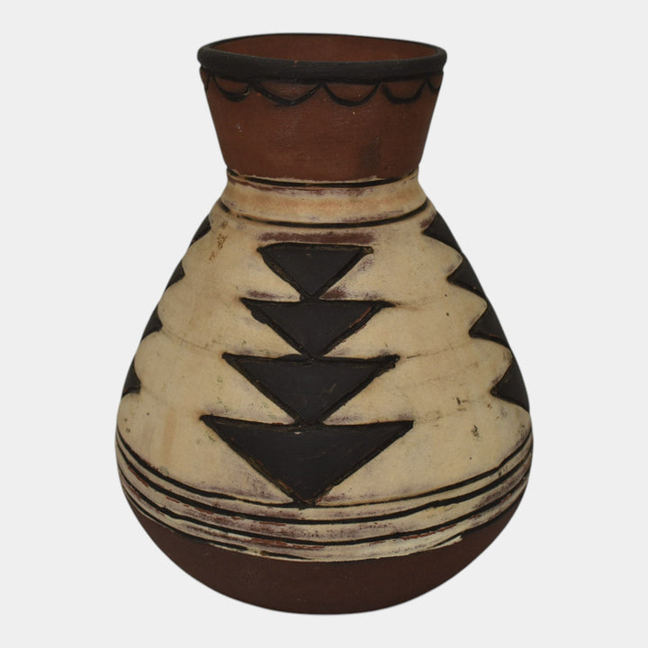 Weller Souevo 1910s Vintage Art Pottery Hand Carved Native American Design Vase - Just Art Pottery