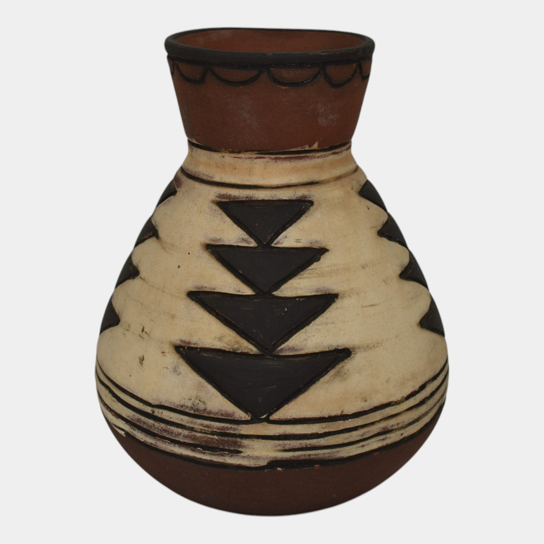 Weller Souevo 1910s Vintage Art Pottery Hand Carved Native American Design Vase - Just Art Pottery