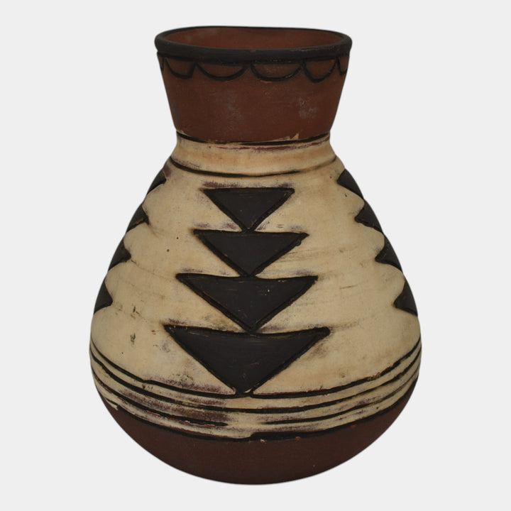 Weller Souevo 1910s Vintage Art Pottery Hand Carved Native American Design Vase - Just Art Pottery