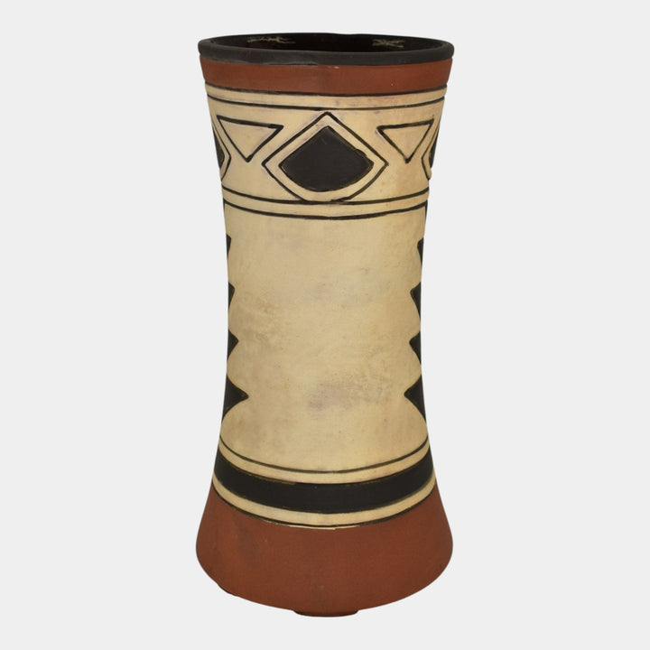 Weller Souevo 1910s Vintage Art Pottery Hand Carved Native American Design Vase