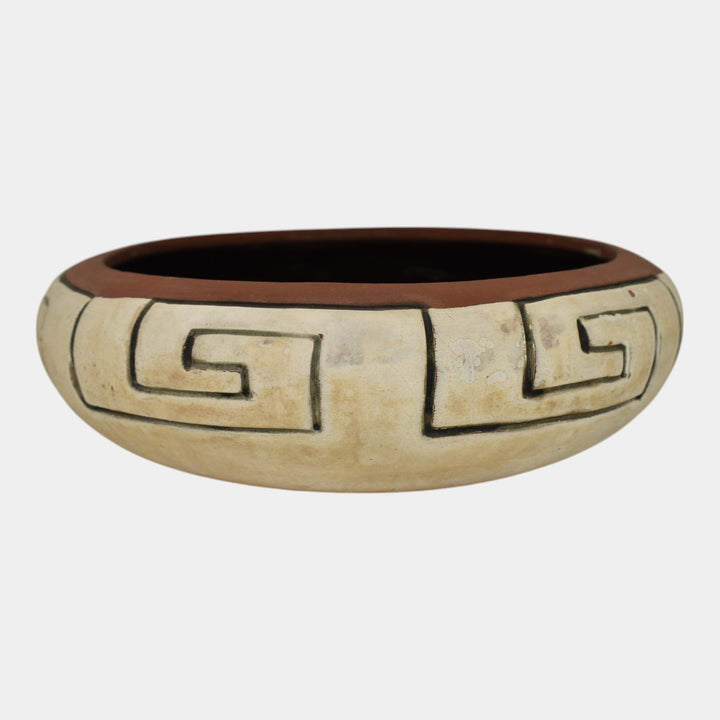 Weller Souevo 1910s Vintage Art Pottery Hand Carved Native American Design Bowl