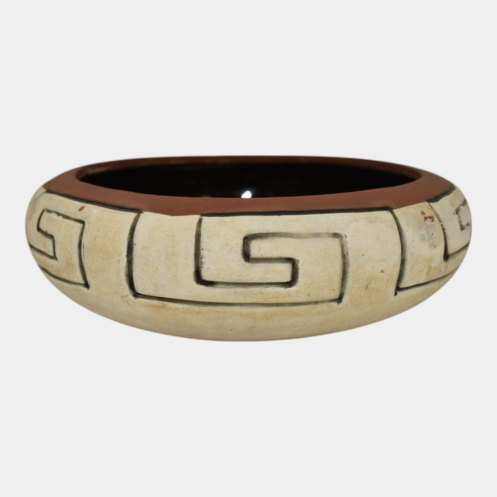 Weller Souevo 1910s Vintage Art Pottery Hand Carved Native American Design Bowl