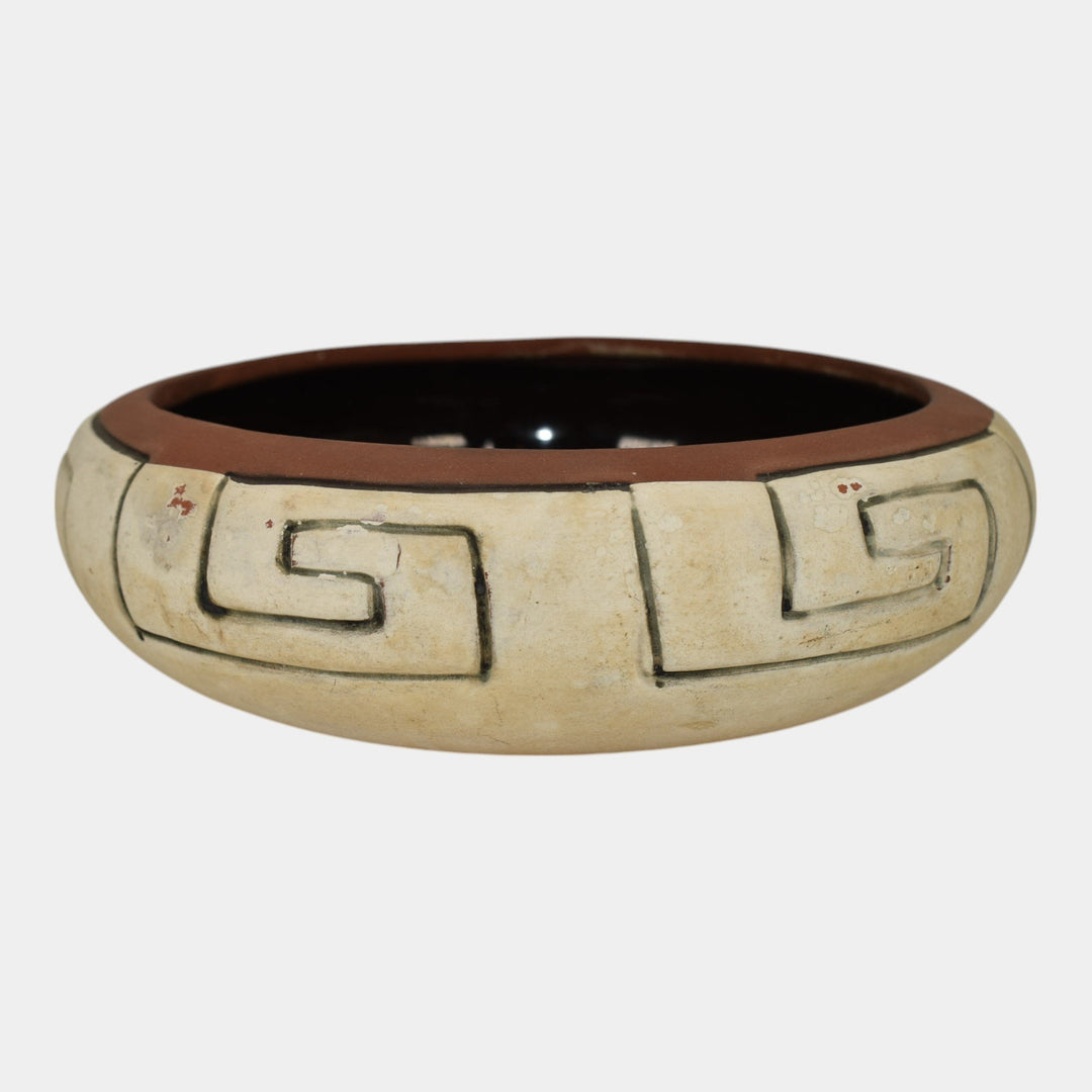 Weller Souevo 1910s Vintage Art Pottery Hand Carved Native American Design Bowl